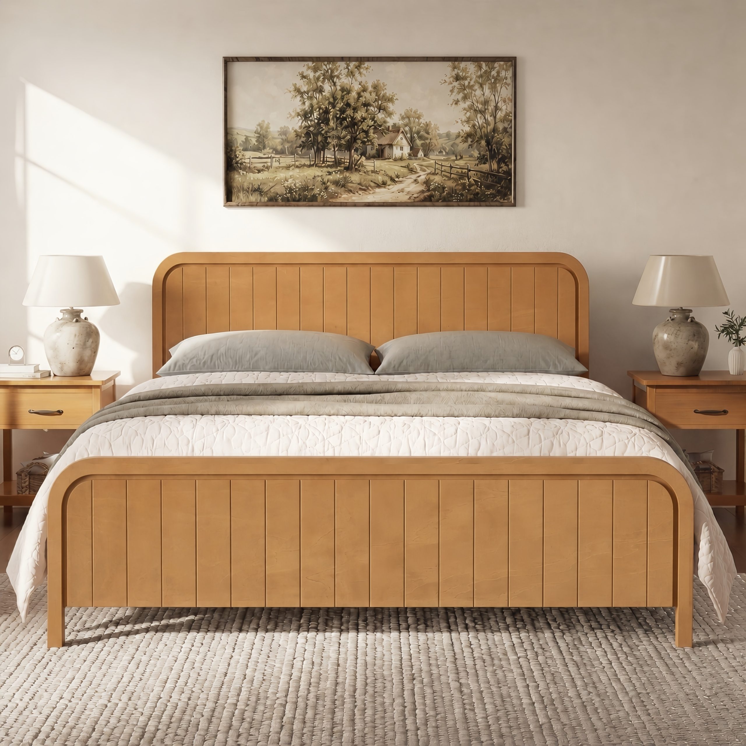 Wood King Bed Frame With Headboard, Noise-free Design, No Box Spring Needed