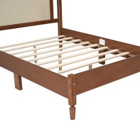 Full Size Wooden Platform Bed with Natural Rattan Headboard