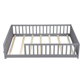 Full Size Rubber Wood Floor Bed with Guardrails, Built-in Book Rack