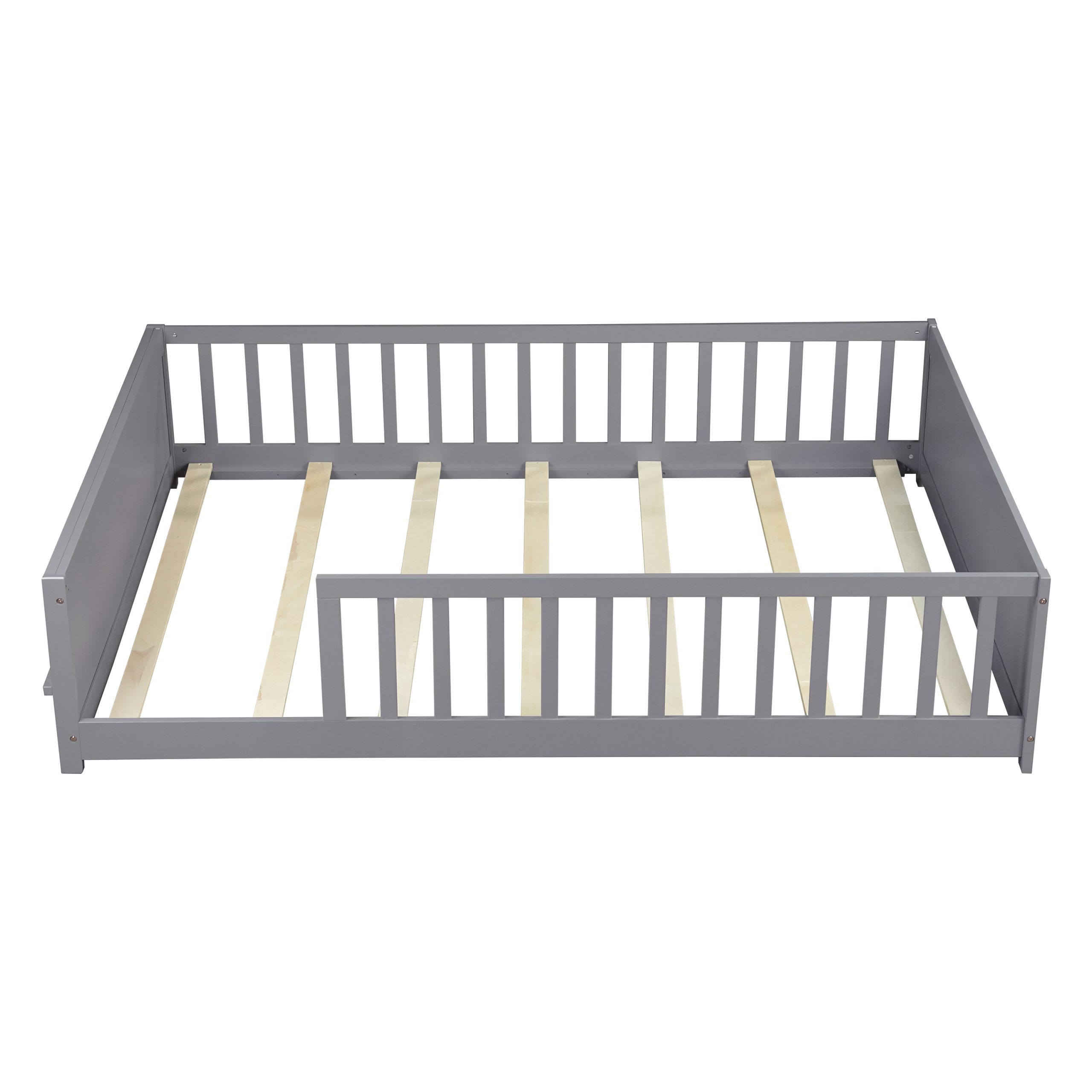 Full Size Rubber Wood Floor Bed with Guardrails, Built-in Book Rack