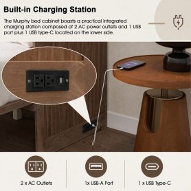 Pine Wood Cabinet Bed with Charging Station and Ripple Decoration Panels