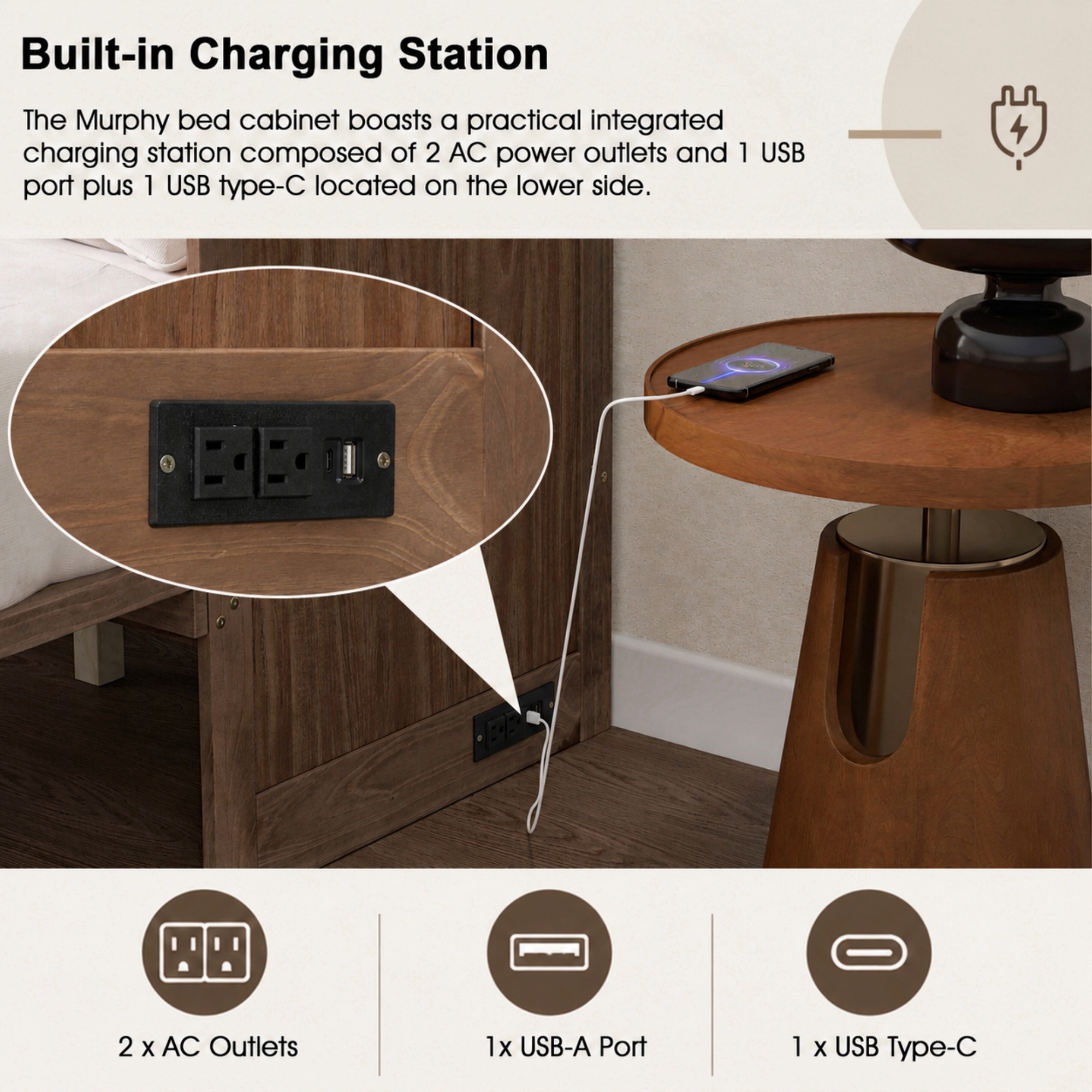 Pine Wood Cabinet Bed with Charging Station and Ripple Decoration Panels