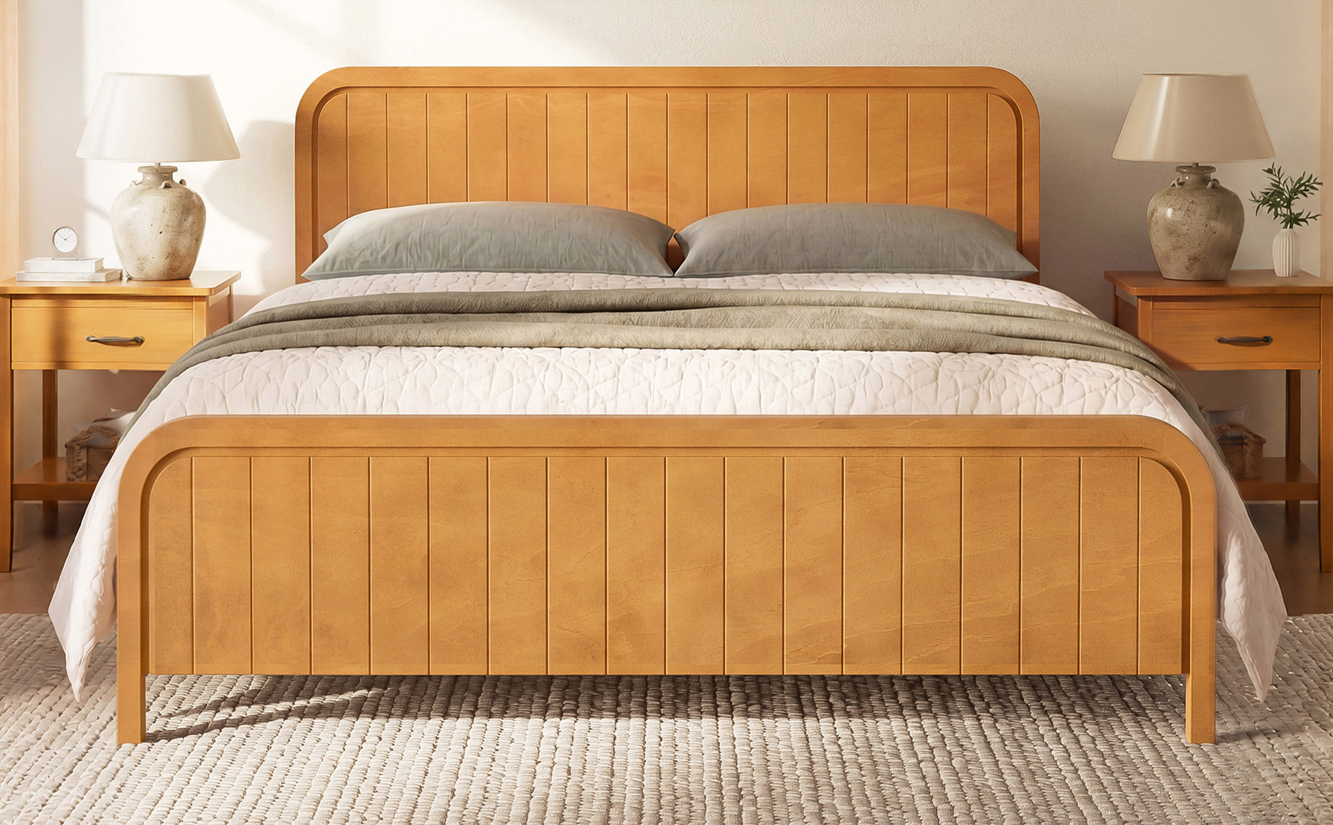 Wood King Bed Frame With Headboard, Noise-free Design, No Box Spring Needed