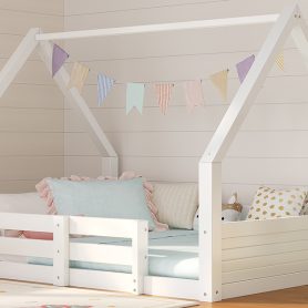 Full Size House Floor Wooden Bed with House Roof Frame, Fence Guardrails & Grooved Panel Design