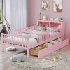 Twin Size Bed with Headboard Storage Rack, Two Under-Bed Drawers, Three-Side Guardrails for Safety and Securit