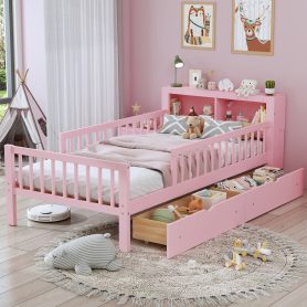 Twin Size Bed with Headboard Storage Rack, Two Under-Bed Drawers, Three-Side Guardrails for Safety and Securit