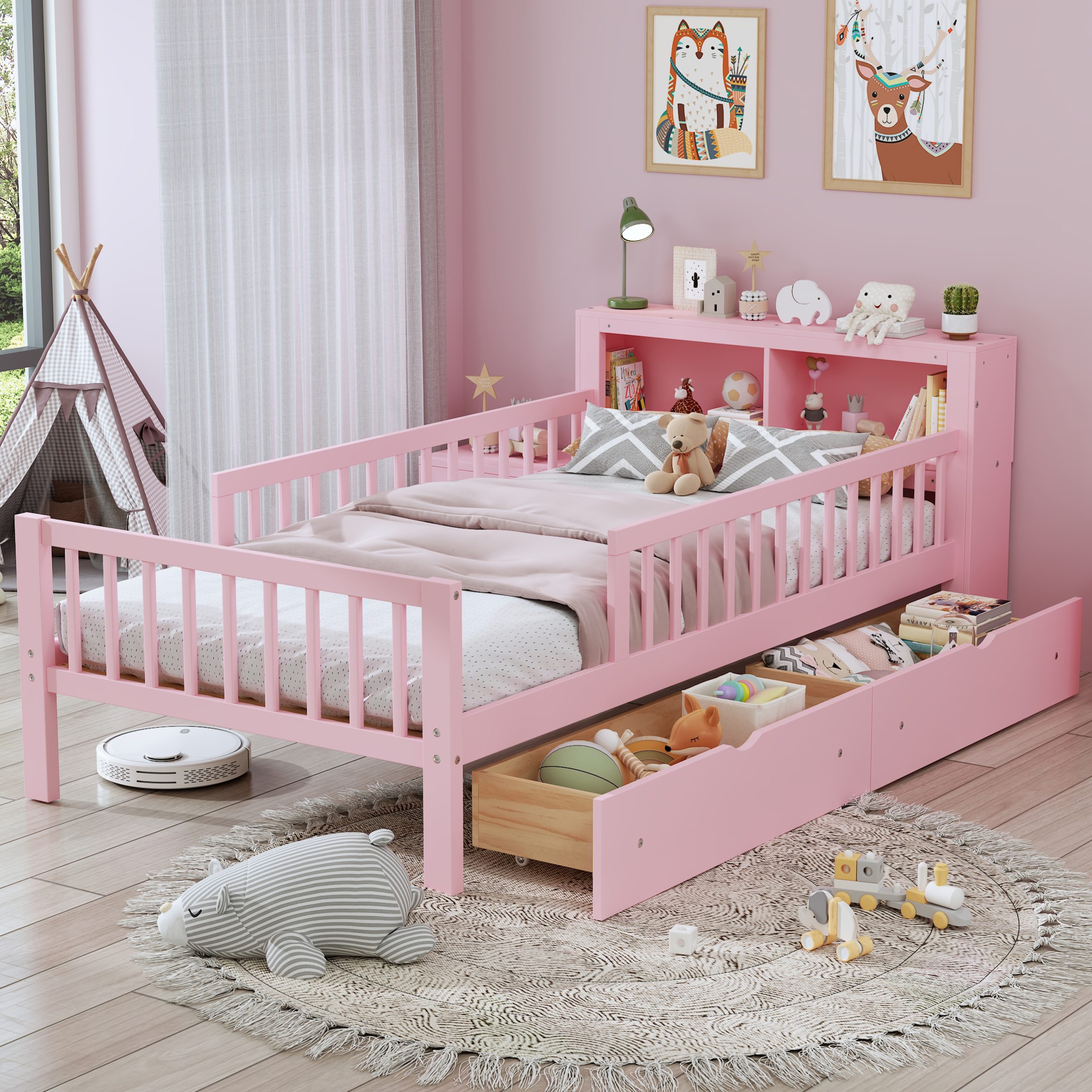 Twin Size Bed with Headboard Storage Rack, Two Under-Bed Drawers, Three-Side Guardrails for Safety and Securit