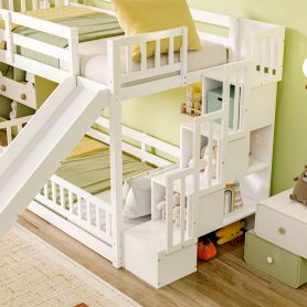 Twin Over Twin Bunk Bed With Slide, Storage Staircase, Bedside Storage Rack, LED Lights
