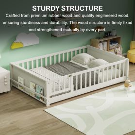 Full Size Rubber Wood Floor Bed with Guardrails, Built-in Book Rack, Door