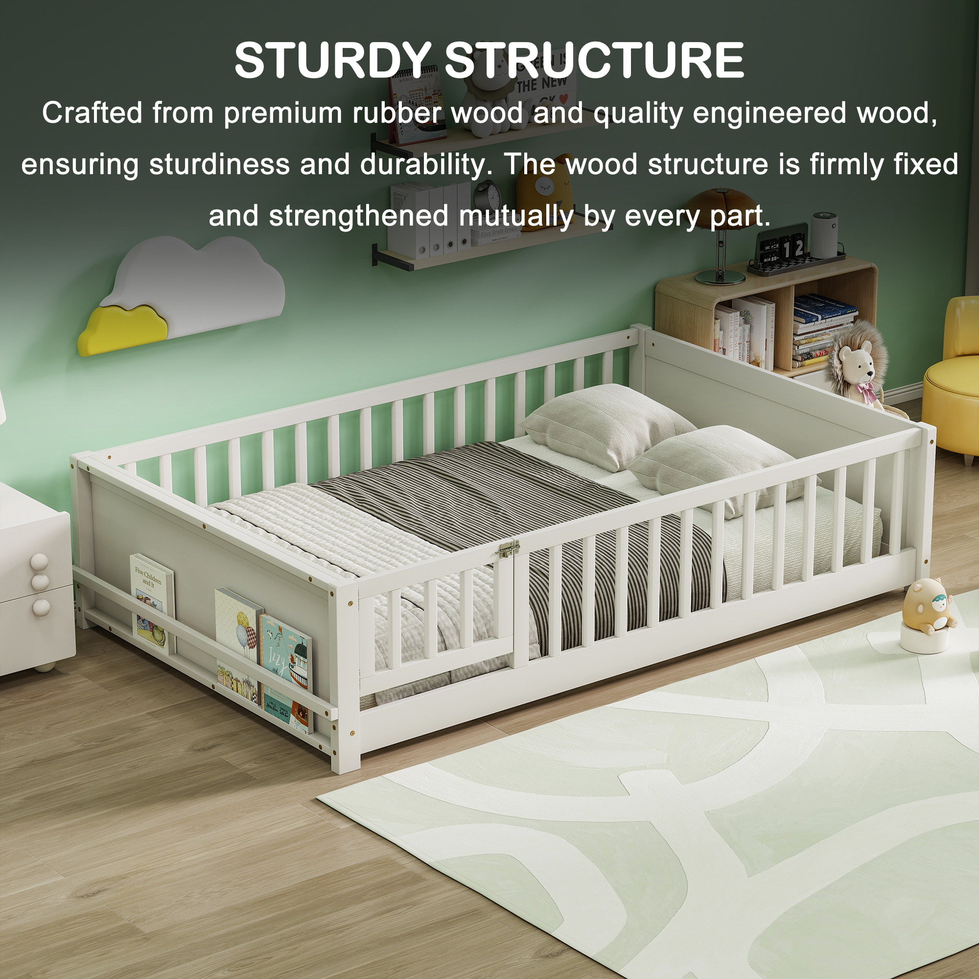 Full Size Rubber Wood Floor Bed with Guardrails, Built-in Book Rack, Door