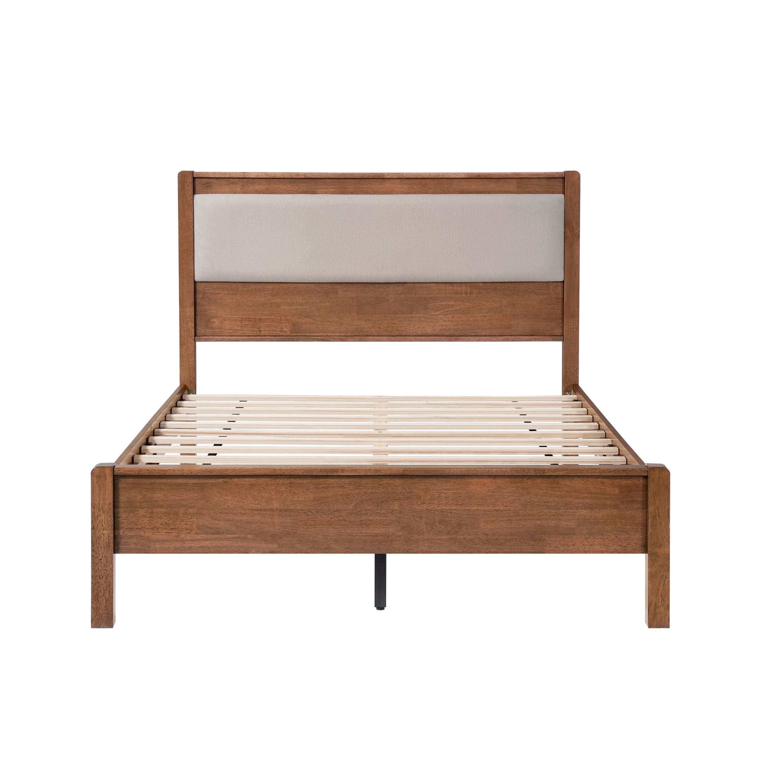 Full Size Solid Rubber Wooden Bed With Upholstered Headboard