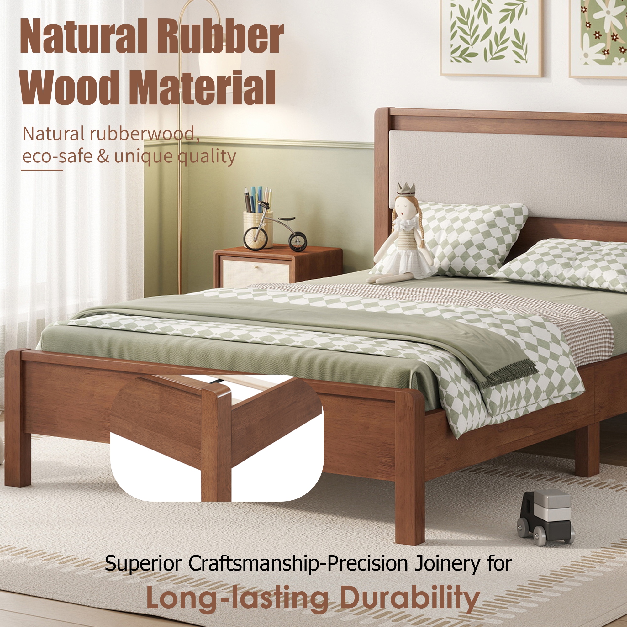 Full Size Solid Rubber Wooden Bed With Upholstered Headboard