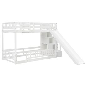Twin Over Twin Bunk Bed With Slide, Storage Staircase, Bedside Storage Rack, LED Lights
