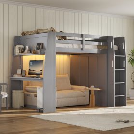 Full Size High Loft Bed with Built-in Desk, LED Lights, Storage Shelves & Double Door Wardrobe Closet