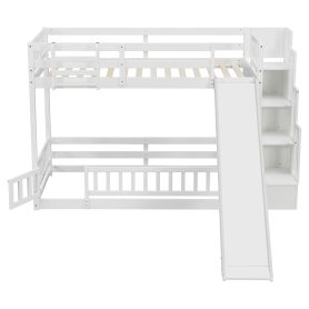 Twin Over Twin Bunk Bed With Slide, Storage Staircase, Bedside Storage Rack, LED Lights
