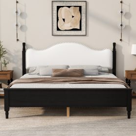 King Size Wood Platform Bed with Upholstered Headboard