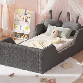 Upholstered Twin Size Platform Bed with Rabbit Cushion