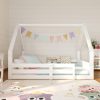 Twin Size House Floor Wooden Bed with House Roof Frame, Fence Guardrails & Grooved Panel Design