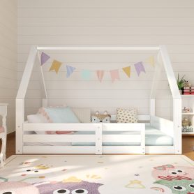 Twin Size House Floor Wooden Bed with House Roof Frame, Fence Guardrails & Grooved Panel Design