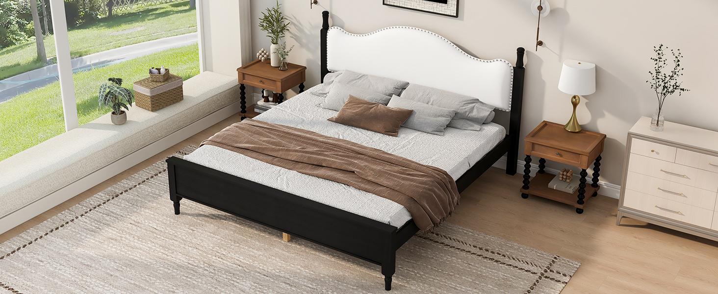 King Size Wood Platform Bed with Upholstered Headboard