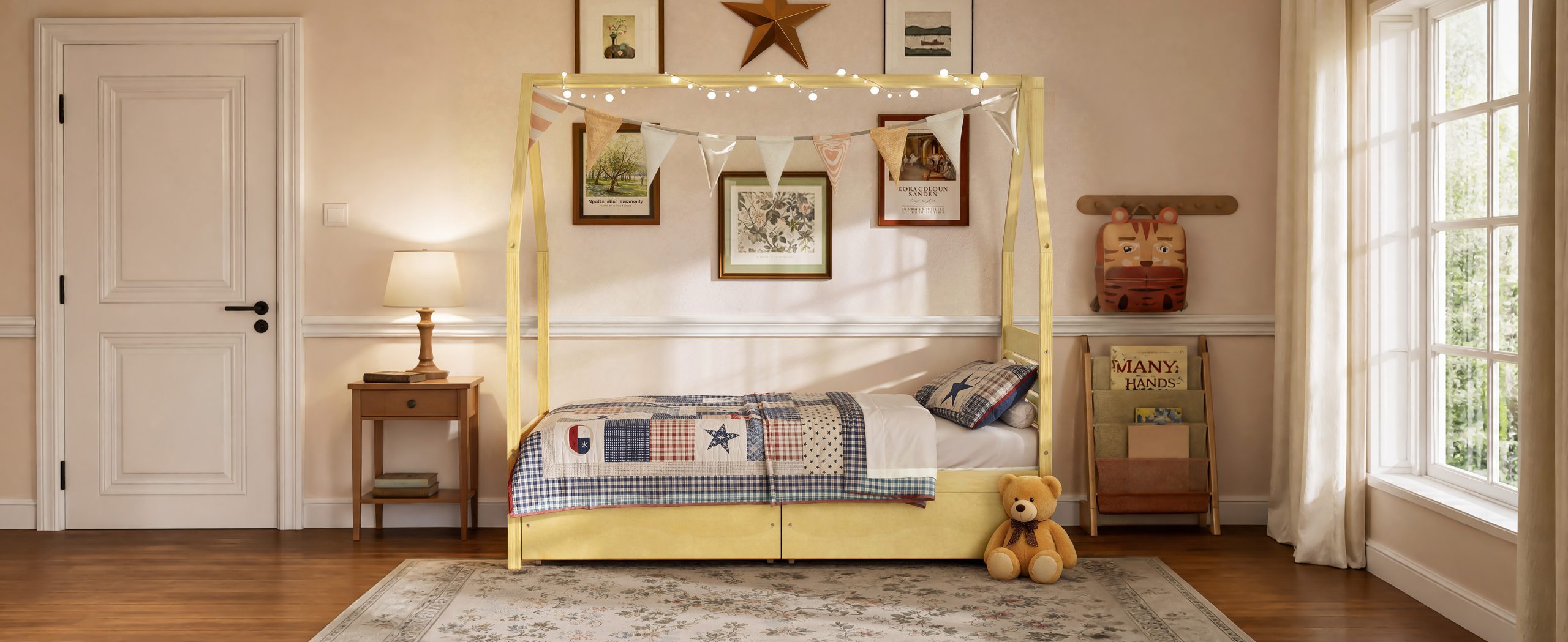 Wood House Shape Twin Montessori Bed with 2 Storage Drawers