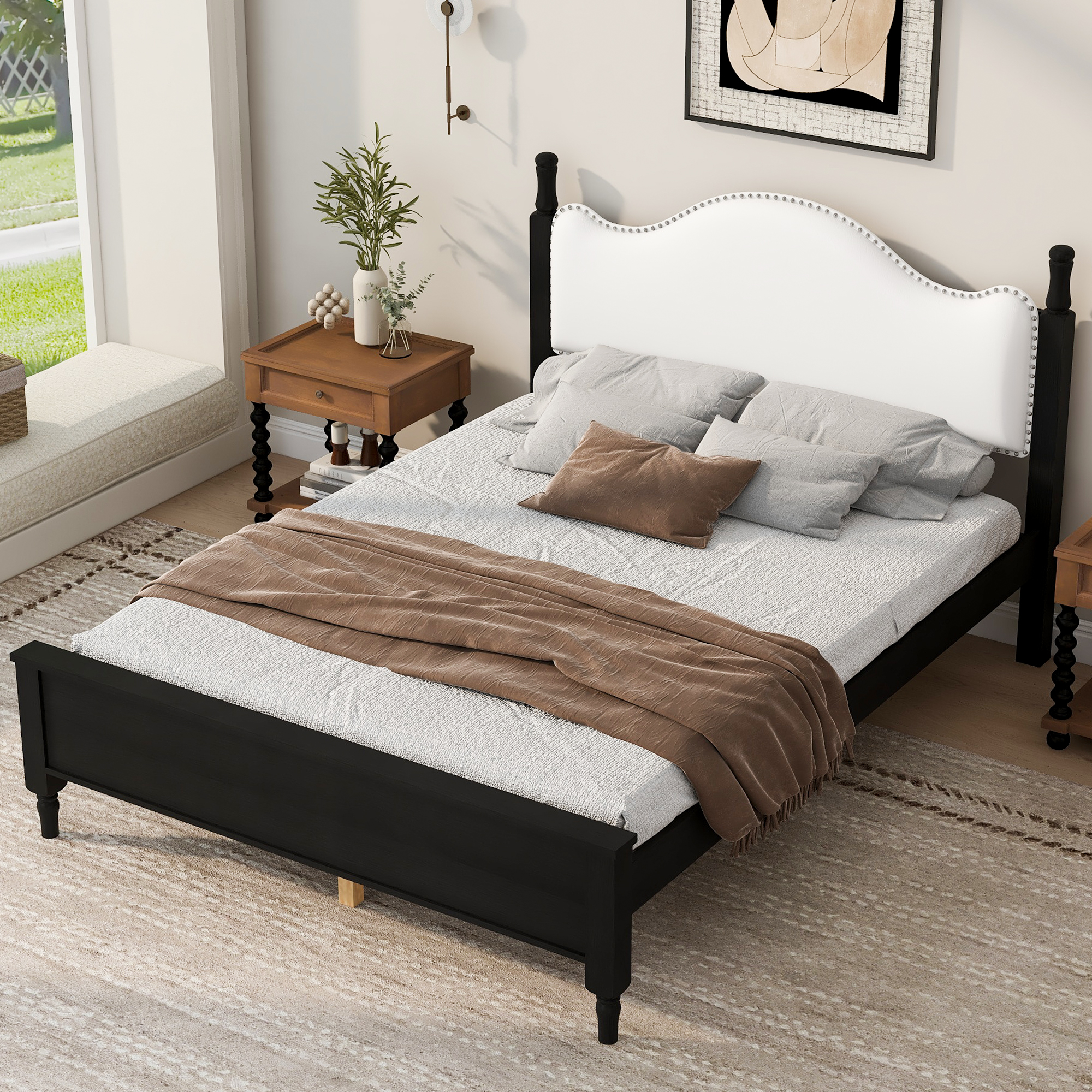 Queen Size Wood Platform Bed with Upholstered Headboard