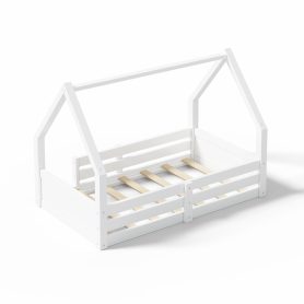 Twin Size House Floor Wooden Bed with House Roof Frame, Fence Guardrails & Grooved Panel Design