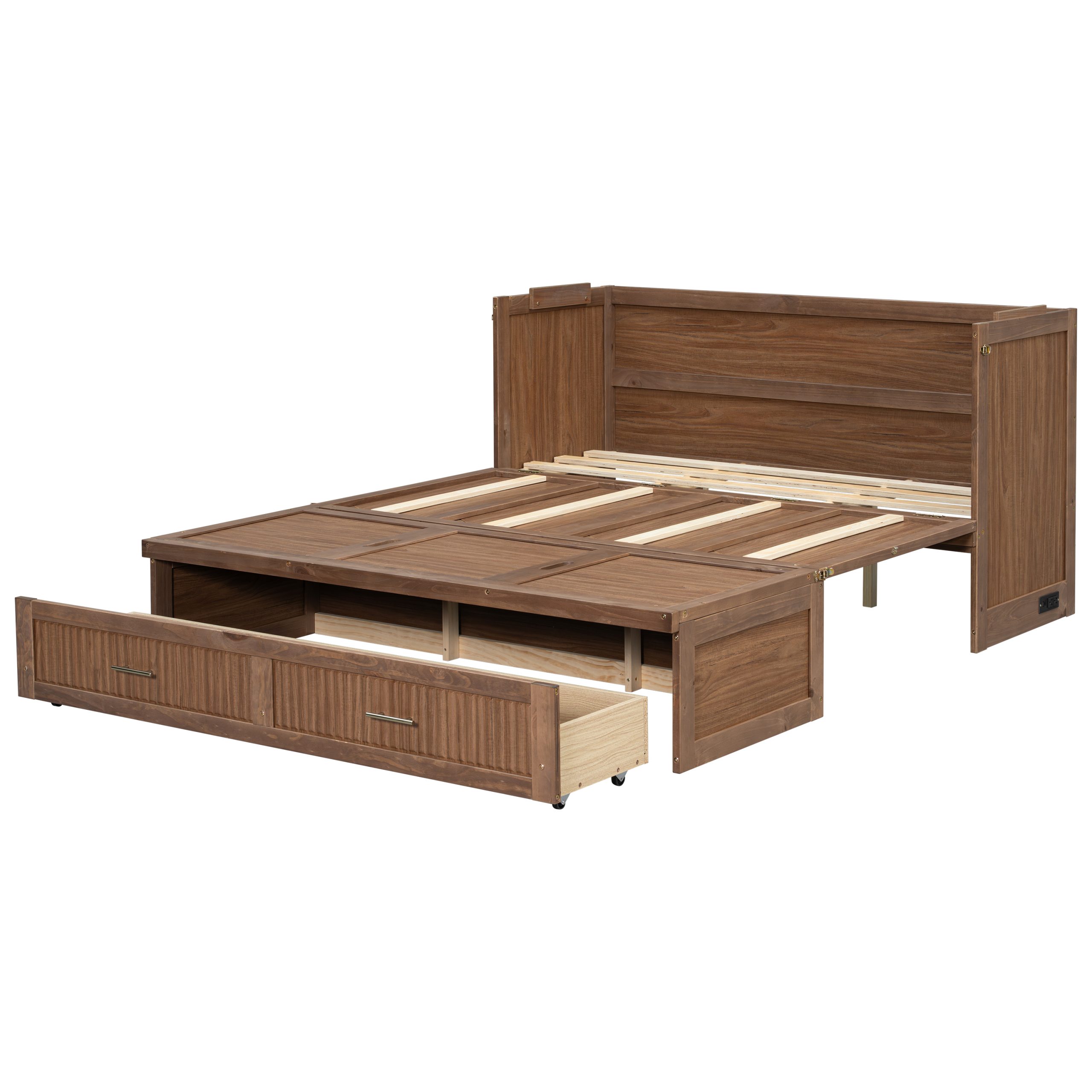 Pine Wood Cabinet Bed with Charging Station and Ripple Decoration Panels