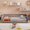 Full Size Rubber Wood Floor Bed with Guardrails, Built-in Book Rack
