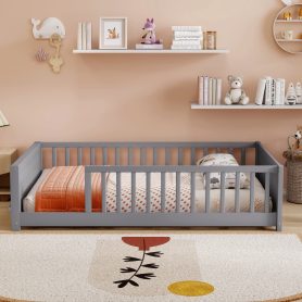 Full Size Rubber Wood Floor Bed with Guardrails, Built-in Book Rack