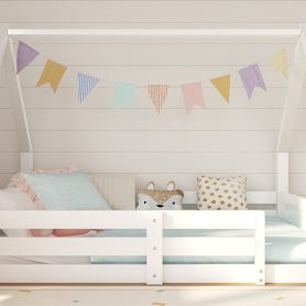 Full Size House Floor Wooden Bed with House Roof Frame, Fence Guardrails & Grooved Panel Design