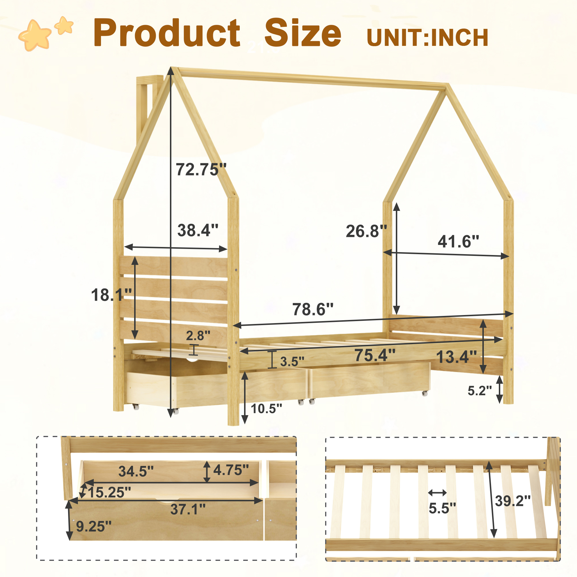 Wood House Shape Twin Montessori Bed with 2 Storage Drawers