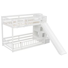 Twin Over Twin Bunk Bed With Slide, Storage Staircase, Bedside Storage Rack, LED Lights