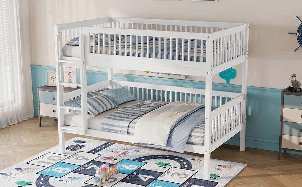 Twin Over Twin Pine Wood Bunk Bed With 2 Drawers, Convertible into 2 Twin Beds