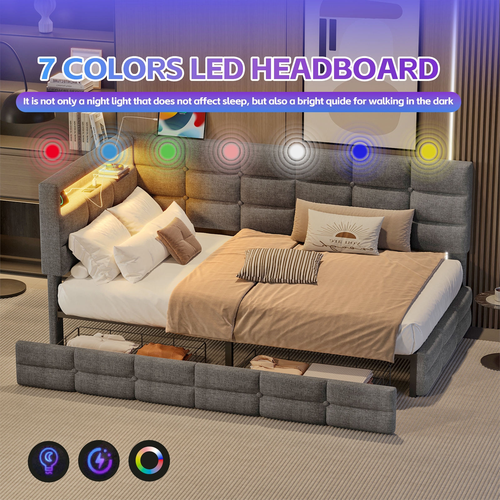Upholstered Twin Size Daybed with Storage 2 Drawers and Charging Station