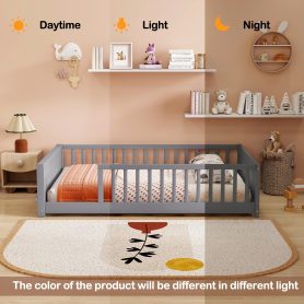 Full Size Rubber Wood Floor Bed with Guardrails, Built-in Book Rack