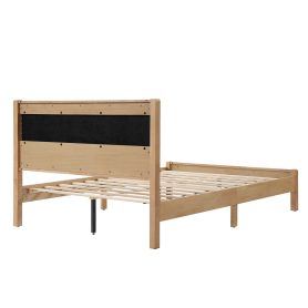 Queen Size Solid Rubber Wooden Bed With Upholstered Headboard