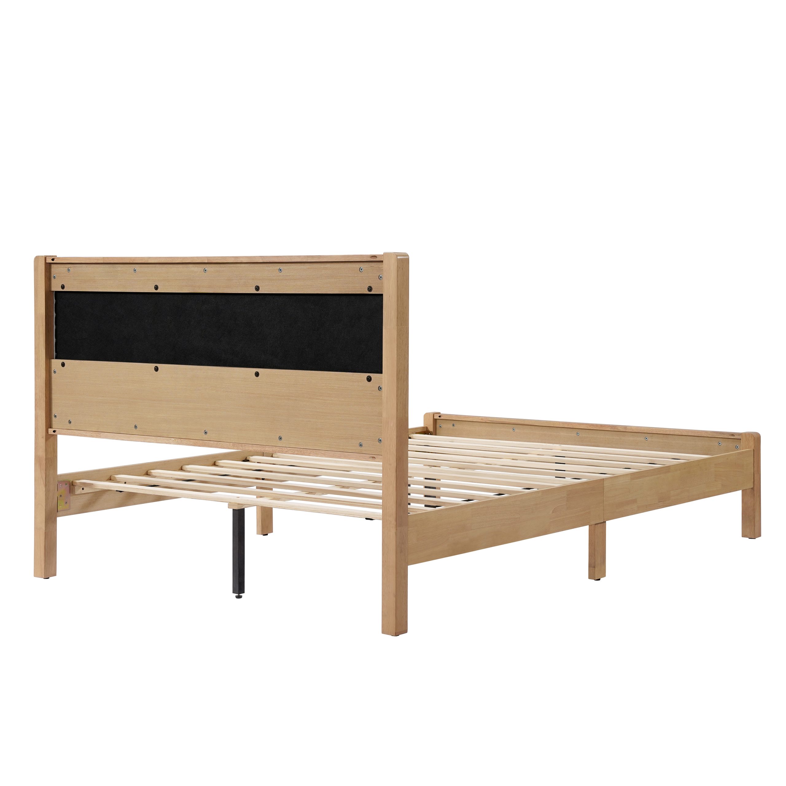 Queen Size Solid Rubber Wooden Bed With Upholstered Headboard