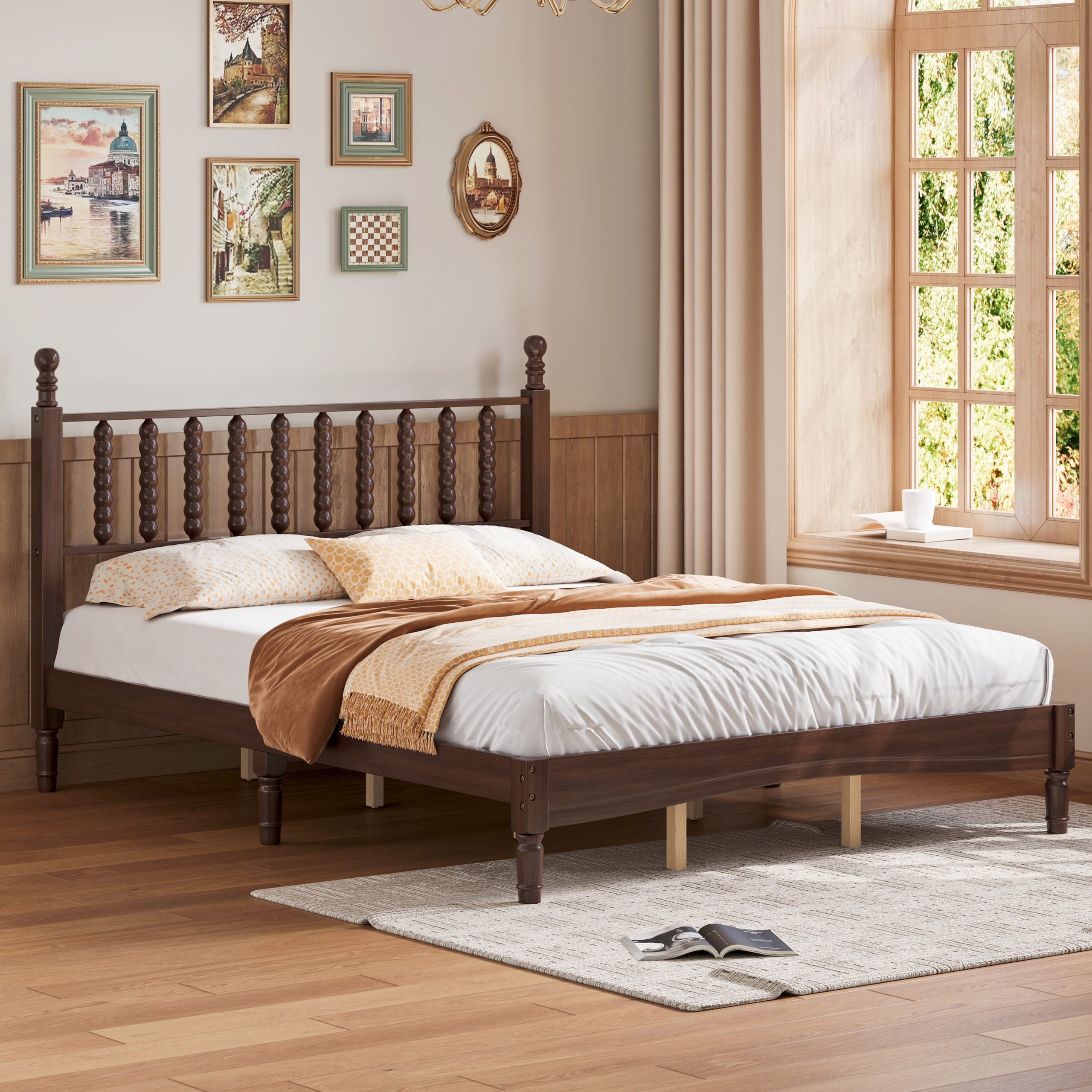 Retro Style Queen Size Wood Platform Bed With Gourd Shaped Headboard