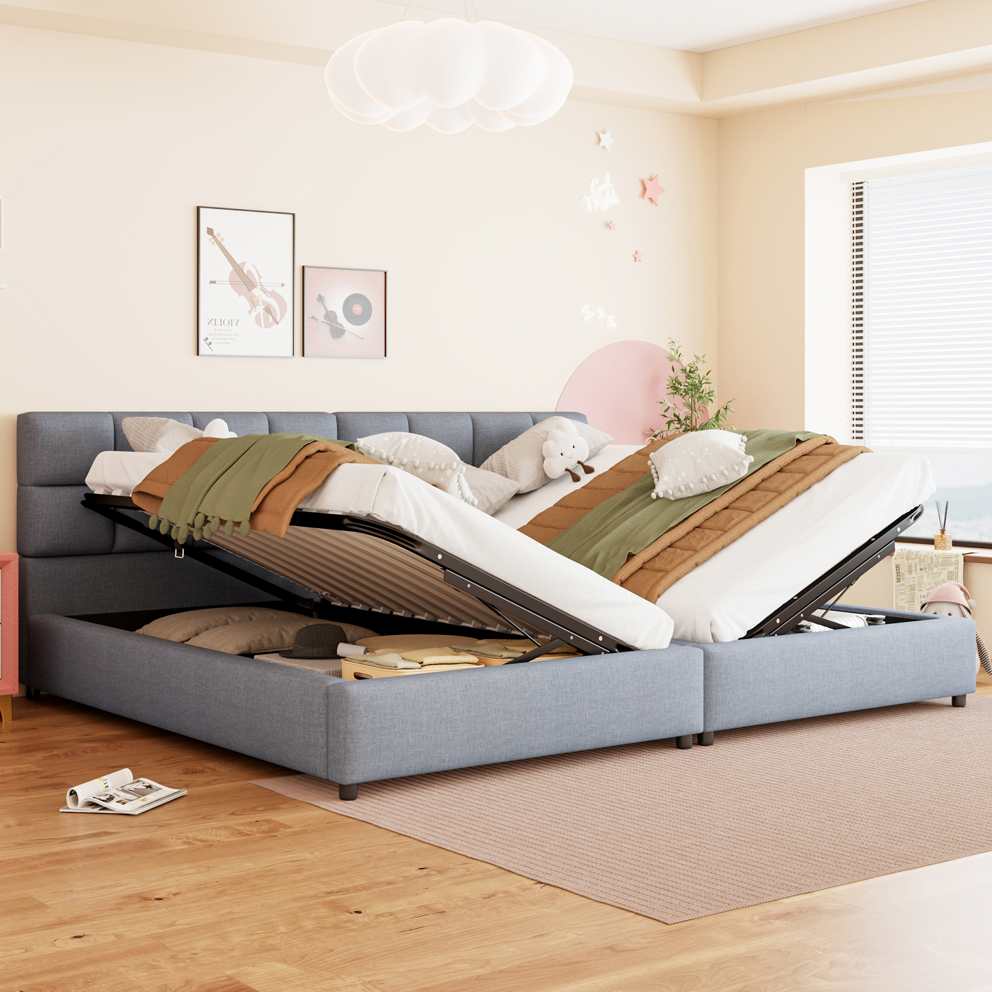Twin Size Upholstered Platform Bed With A Hydraulic Storage System, Set Of 2