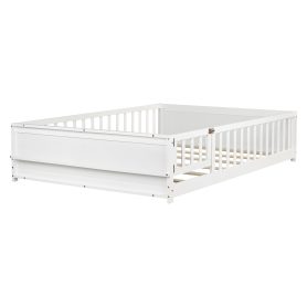 Full Size Rubber Wood Floor Bed with Guardrails, Built-in Book Rack, Door