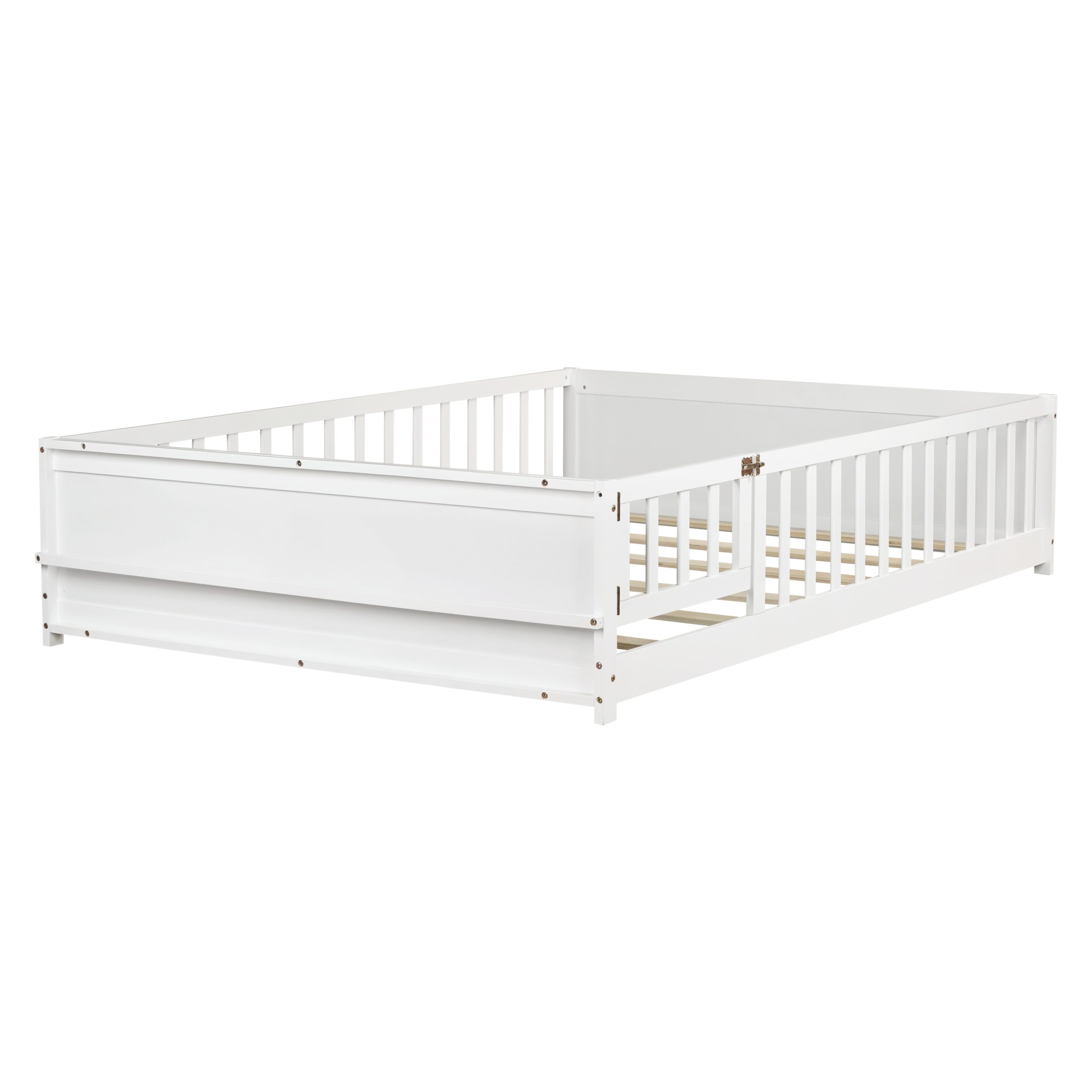 Full Size Rubber Wood Floor Bed with Guardrails, Built-in Book Rack, Door