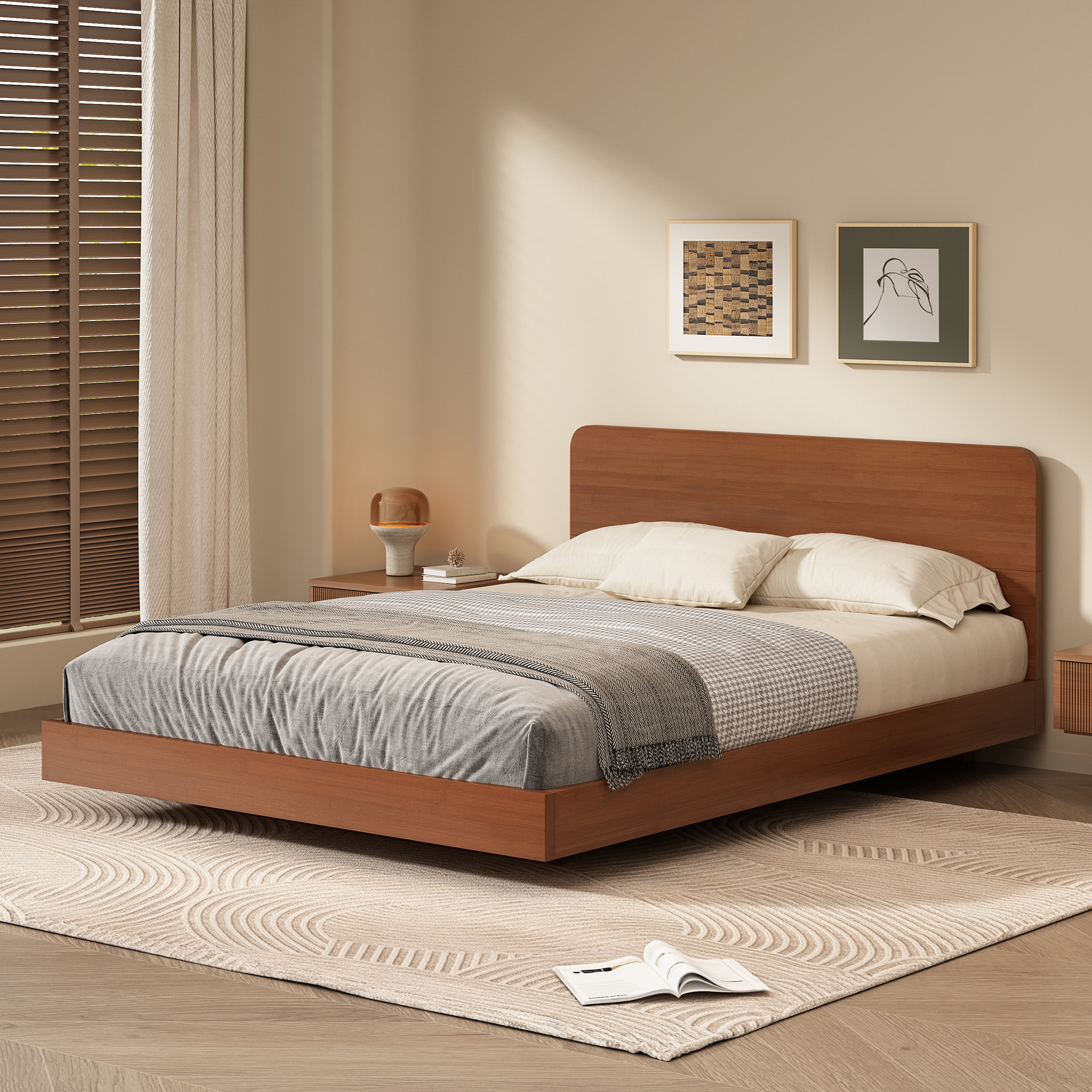 Full Size Solid Bamboo Floating Platform Bed Frame