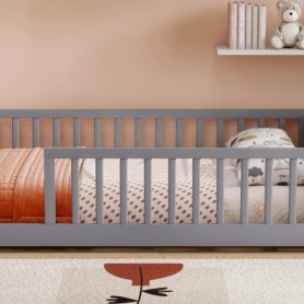 Full Size Rubber Wood Floor Bed with Guardrails, Built-in Book Rack
