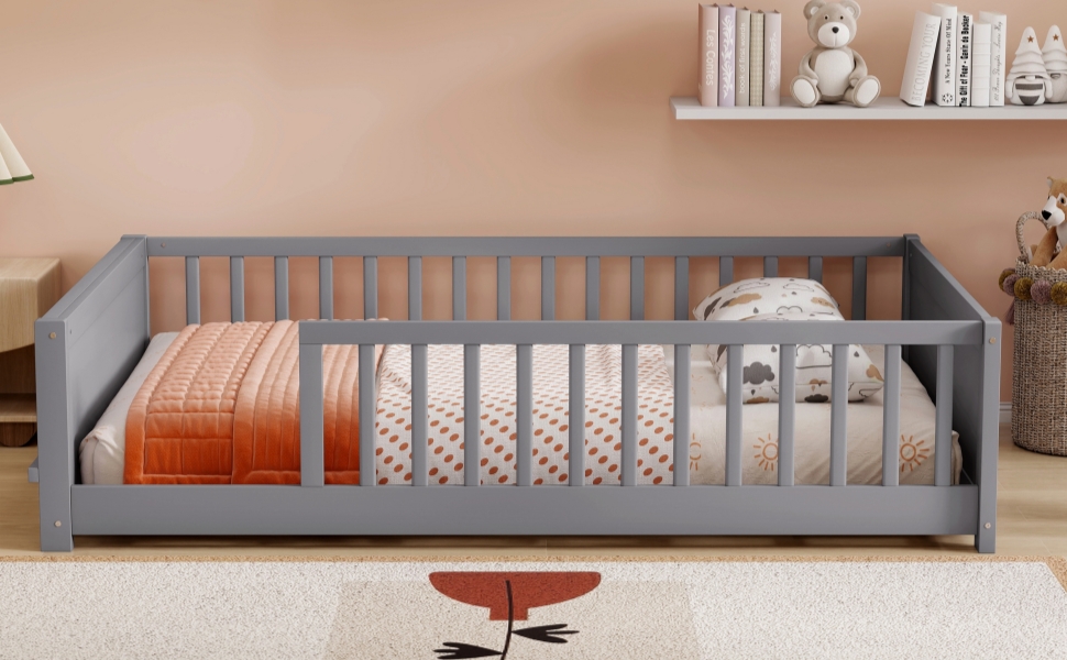 Full Size Rubber Wood Floor Bed with Guardrails, Built-in Book Rack