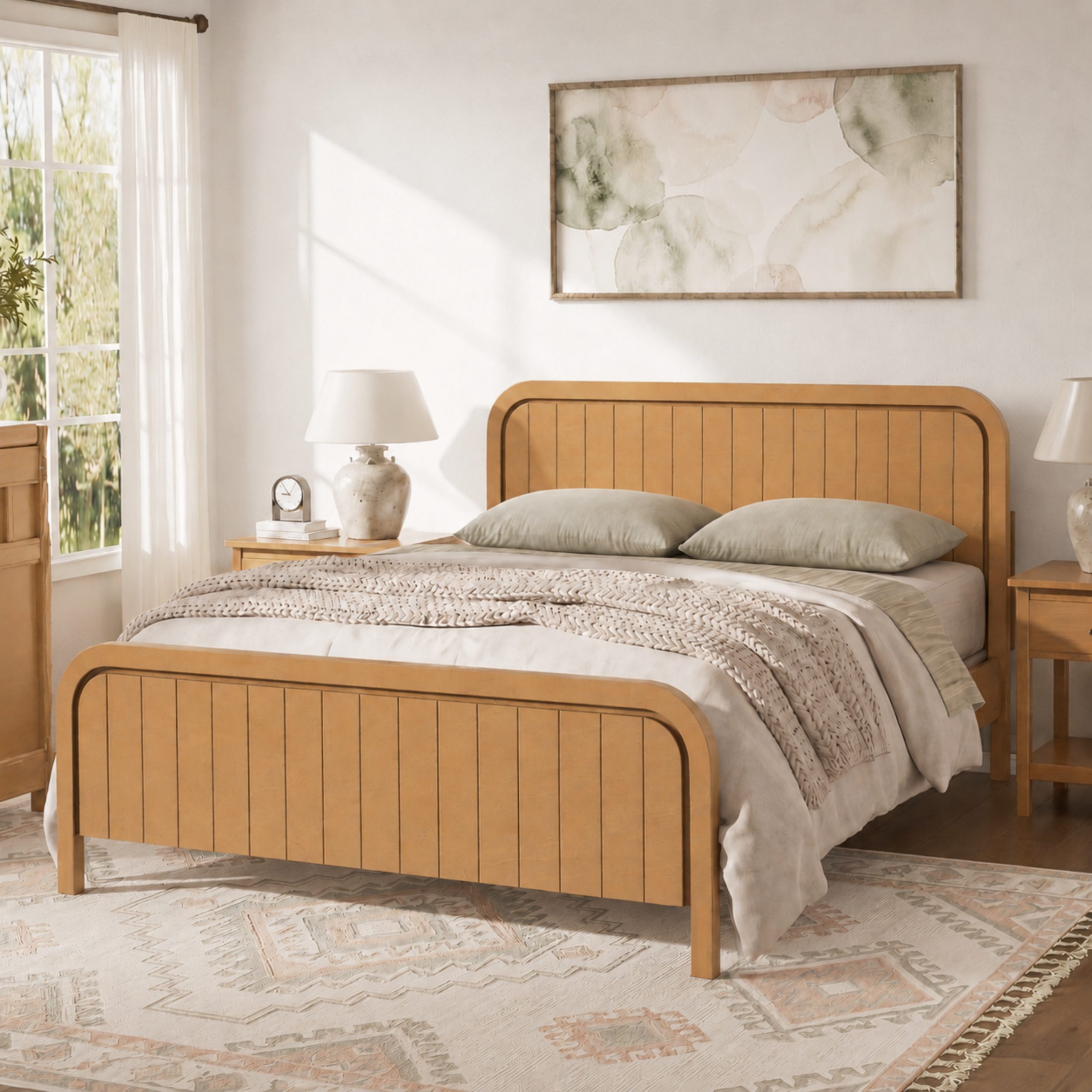 Wood Queen Bed Frame With Headboard, Noise-free Design, No Box Spring Needed
