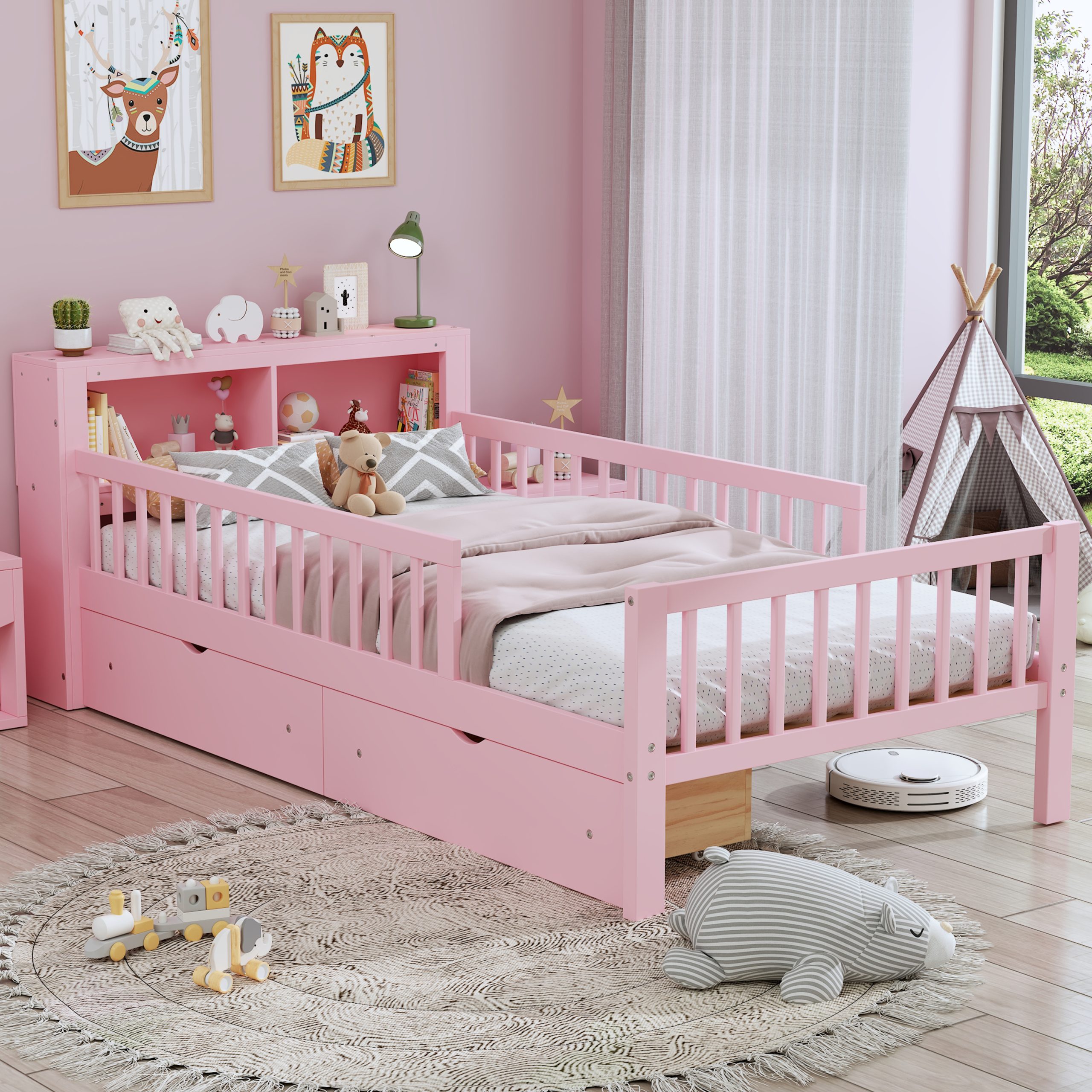 Twin Size Bed with Headboard Storage Rack, Two Under-Bed Drawers, Three-Side Guardrails for Safety and Securit