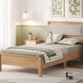 Twin Xl Size Solid Rubber Wooden Bed With Upholstered Headboard
