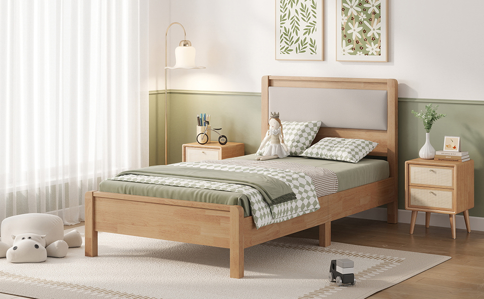 Twin Xl Size Solid Rubber Wooden Bed With Upholstered Headboard