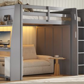 Full Size High Loft Bed with Built-in Desk, LED Lights, Storage Shelves & Double Door Wardrobe Closet